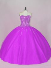 Modest Floor Length Purple Quince Ball Gowns Tulle Sleeveless Beading