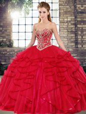 Sleeveless Lace Up Floor Length Beading and Ruffles Ball Gown Prom Dress