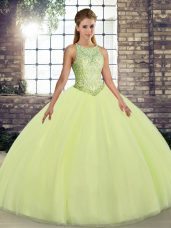Flare Yellow Green Ball Gowns Embroidery Sweet 16 Dresses Lace Up Tulle Sleeveless Floor Length