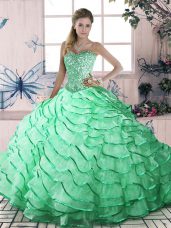 Sweetheart Sleeveless Brush Train Lace Up Ball Gown Prom Dress Apple Green Organza