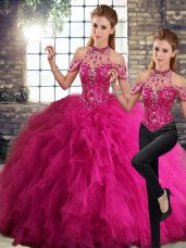 Fuchsia Sleeveless Beading and Ruffles Floor Length Sweet 16 Dresses