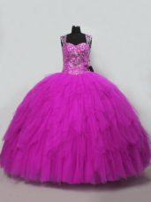 Cheap Fuchsia Sleeveless Beading and Ruffles Floor Length Sweet 16 Quinceanera Dress