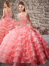 Sexy Watermelon Red Ball Gown Prom Dress Straps Sleeveless Court Train Lace Up