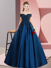 Popular Sleeveless Satin Floor Length Zipper Quinceanera Gowns in Navy Blue with Lace