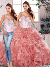 Artistic Watermelon Red Scoop Clasp Handle Beading and Ruffles Quinceanera Dresses Sleeveless