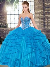 Custom Designed Floor Length Blue Sweet 16 Dress Tulle Sleeveless Beading and Ruffles