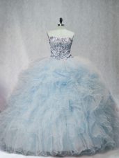 Sweetheart Sleeveless Sweet 16 Quinceanera Dress Brush Train Beading and Ruffles Light Blue Tulle