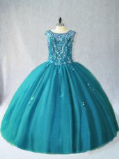 Perfect Ball Gowns Sweet 16 Quinceanera Dress Teal Scoop Tulle Sleeveless Floor Length Lace Up