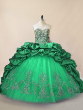Stunning Green Quinceanera Dress Sweet 16 and Quinceanera with Beading and Pick Ups Sweetheart Sleeveless Brush Train Lace Up