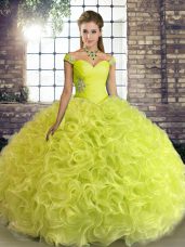 Yellow Green Ball Gowns Fabric With Rolling Flowers Off The Shoulder Sleeveless Beading Floor Length Lace Up Ball Gown Prom Dress