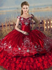 New Arrival Embroidery and Ruffled Layers Ball Gown Prom Dress Red Lace Up Sleeveless Floor Length