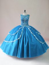Blue Sleeveless Floor Length Beading and Appliques Lace Up Quinceanera Gown
