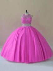 Inexpensive Tulle Halter Top Sleeveless Backless Beading 15th Birthday Dress in Lilac