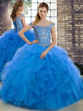 Blue Sleeveless Tulle Brush Train Lace Up Sweet 16 Quinceanera Dress for Military Ball and Sweet 16 and Quinceanera