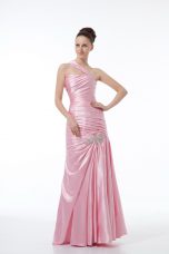 Sleeveless Floor Length Beading and Ruching Lace Up Prom Gown with Baby Pink