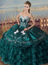 Peacock Green 15 Quinceanera Dress Sweet 16 and Quinceanera with Embroidery and Ruffles Sweetheart Sleeveless Lace Up