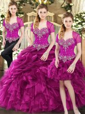 Spectacular Fuchsia Three Pieces Organza Sweetheart Sleeveless Beading and Ruffles and Pick Ups Floor Length Lace Up Quinceanera Dress