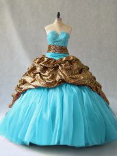 Perfect Aqua Blue Ball Gowns Organza and Printed V-neck Sleeveless Beading and Pick Ups Lace Up Quinceanera Dress