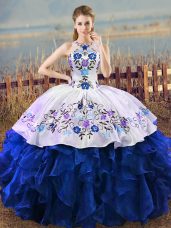 Attractive Blue And White Sleeveless Embroidery and Ruffles Floor Length Sweet 16 Quinceanera Dress