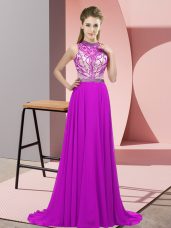 Modern Fuchsia Halter Top Backless Beading Evening Dress Brush Train Sleeveless