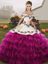 Suitable Fuchsia Lace Up Off The Shoulder Embroidery and Ruffled Layers Ball Gown Prom Dress Organza Sleeveless