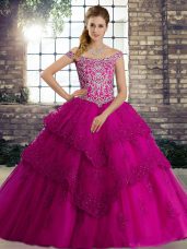 Sleeveless Beading and Lace Lace Up Quinceanera Dresses with Fuchsia Brush Train