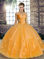 Beauteous Orange Ball Gowns Off The Shoulder Sleeveless Tulle Floor Length Lace Up Beading and Appliques Quinceanera Gown