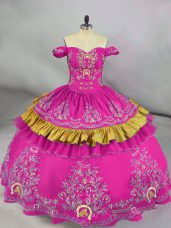 New Arrival Fuchsia Ball Gowns Embroidery Quinceanera Gowns Side Zipper Satin Sleeveless Floor Length