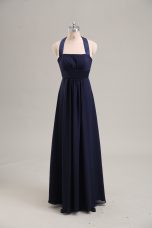 Navy Blue Chiffon Lace Up Halter Top Sleeveless Floor Length Homecoming Dress Ruching