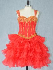 Sleeveless Mini Length Beading and Ruffled Layers Lace Up Prom Gown with Red