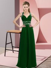 Sophisticated Dark Green Backless Straps Beading Chiffon Sleeveless