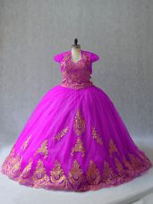 Fuchsia Sleeveless Court Train Beading and Appliques Sweet 16 Quinceanera Dress