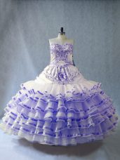 Most Popular Lavender Organza Lace Up Sweetheart Sleeveless Floor Length Quinceanera Dress Embroidery and Ruffled Layers