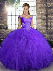 Flirting Tulle Off The Shoulder Sleeveless Lace Up Beading and Ruffles Vestidos de Quinceanera in Purple
