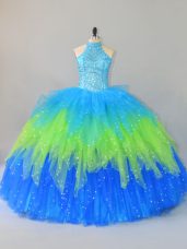 Gorgeous Multi-color Ball Gowns Beading and Ruffles Ball Gown Prom Dress Lace Up Tulle Sleeveless Floor Length