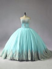 Customized Blue Lace Up 15 Quinceanera Dress Appliques Sleeveless Court Train