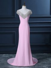 Pink Prom Dress Chiffon Court Train Cap Sleeves Beading