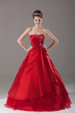 Most Popular Strapless Sleeveless Quinceanera Gown Floor Length Beading Wine Red Organza
