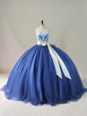 Trendy Tulle Scoop Sleeveless Brush Train Lace Up Appliques and Sashes ribbons and Bowknot Quinceanera Gowns in Navy Blue