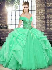 Cheap Apple Green Organza Lace Up Quinceanera Gown Sleeveless Floor Length Beading and Ruffles