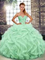 Apple Green Ball Gowns Sweetheart Sleeveless Tulle Floor Length Lace Up Beading and Ruffles Quinceanera Dresses