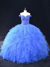 High Quality Blue Ball Gowns Off The Shoulder Sleeveless Tulle Floor Length Lace Up Beading and Ruffles Sweet 16 Dress