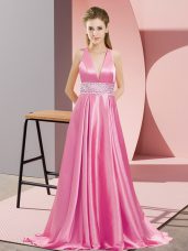 Great Rose Pink Backless V-neck Beading Evening Dress Elastic Woven Satin Sleeveless Brush Train
