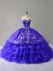New Arrival Blue Lace Up Sweetheart Embroidery and Ruffled Layers Sweet 16 Dress Organza Sleeveless