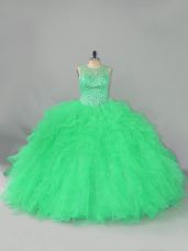 Green Sleeveless Floor Length Beading and Ruffles Lace Up 15th Birthday Dress