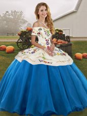 Extravagant Blue And White Sleeveless Embroidery Floor Length Quinceanera Dress