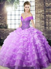 Nice Lavender Off The Shoulder Neckline Beading and Ruffled Layers 15th Birthday Dress Sleeveless Lace Up