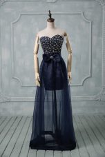 Glorious Navy Blue Prom Dresses Prom and Party with Beading and Bowknot Sweetheart Sleeveless Lace Up