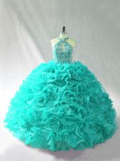 Halter Top Sleeveless Organza Sweet 16 Quinceanera Dress Beading and Ruffles Brush Train Lace Up