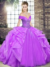 Nice Lavender Organza Lace Up Quinceanera Dress Sleeveless Floor Length Beading and Ruffles